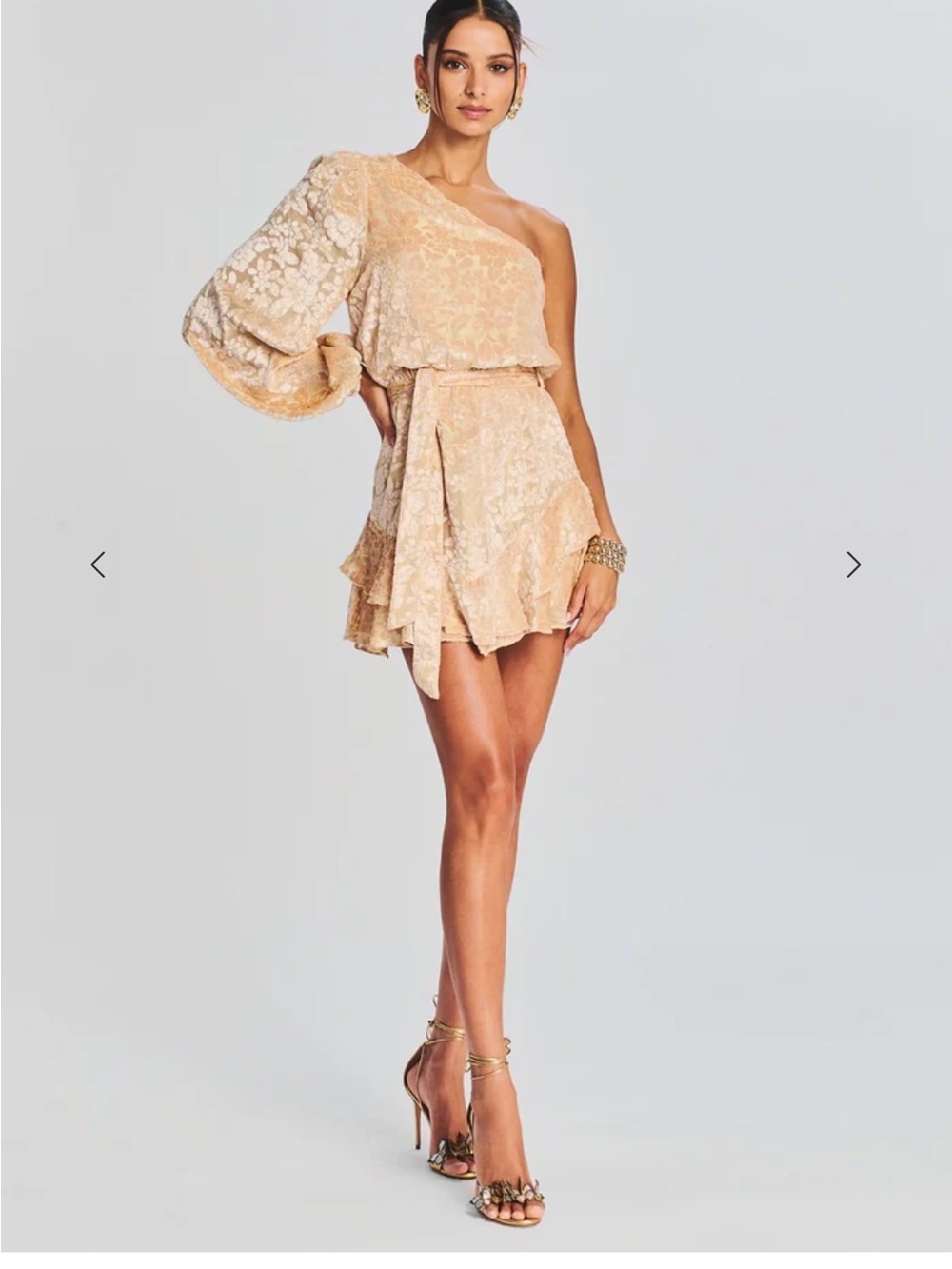 Hemant and Nandita One-Shoulder Beige Floral Lace Mini Dress